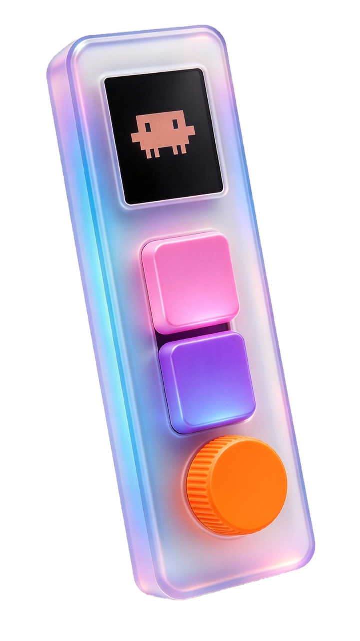 Vibokey concept device with pink and violet buttons and an orange dial
