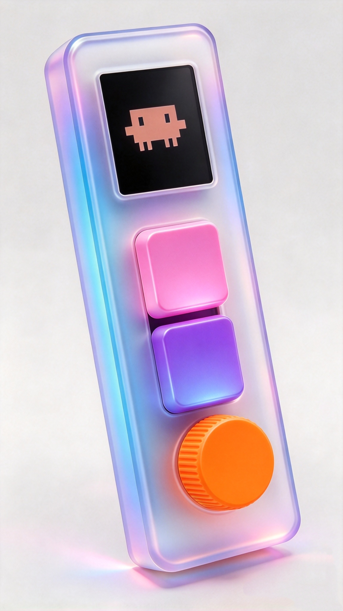 Colorful handheld AI controller concept with a status display, two action keys, and an orange dial